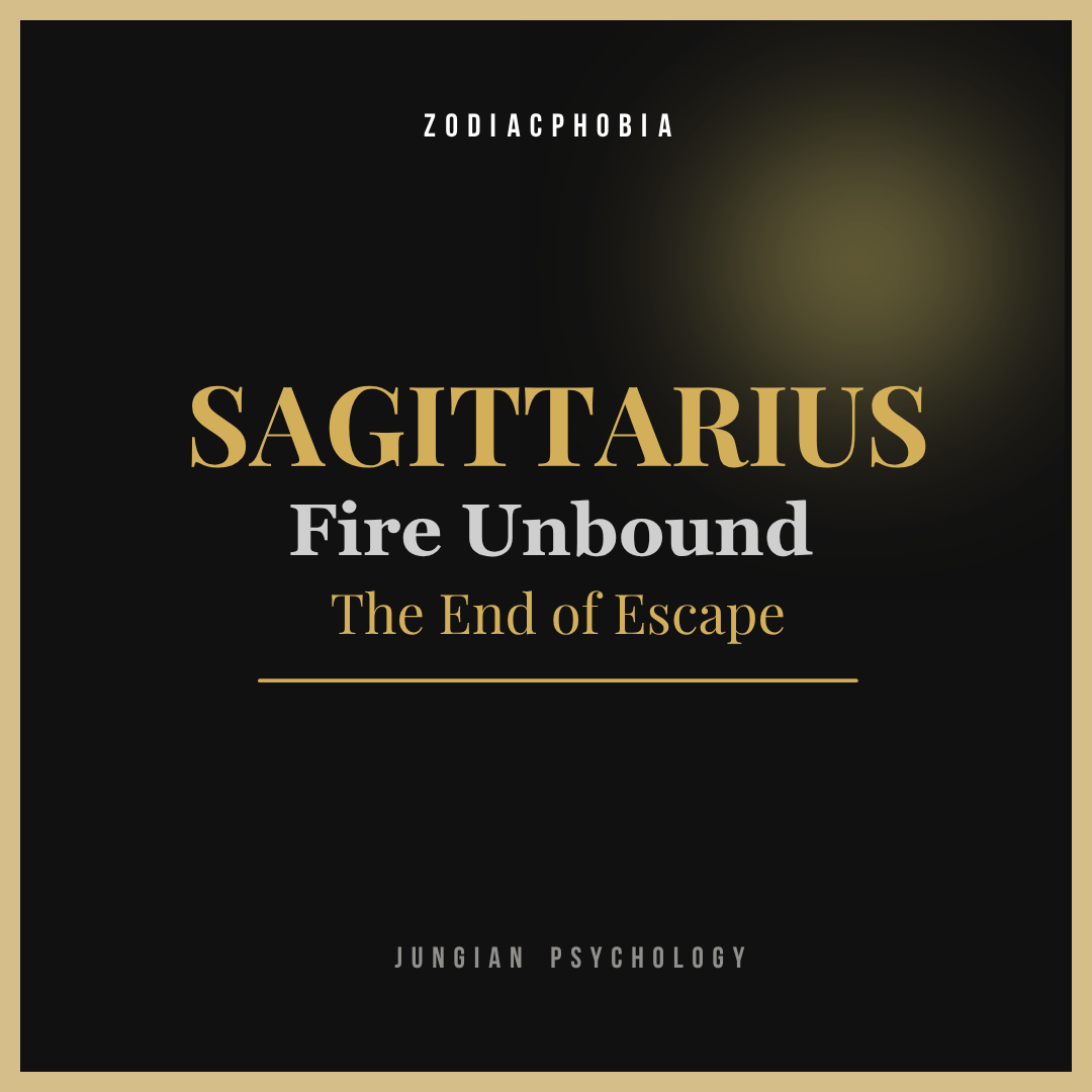 Book cover of 'Sagittarius: Fire Unbound' by Zodiacphobia with gold text on a black background.