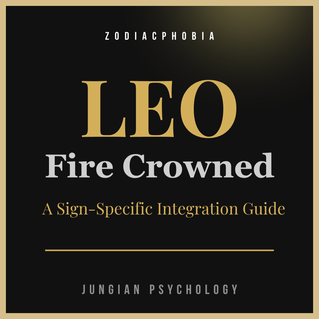 Book cover of 'Leo: Fire Crowned' by Zodiacphobia with gold and white text on a black background.