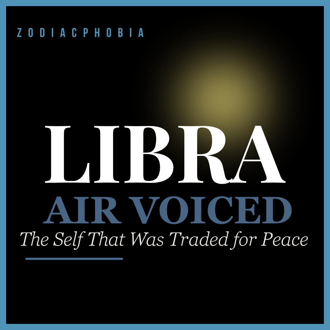 Square cover art for 'Libra Air Voiced' by Zodiacphobia, featuring a black background with a soft yellow glow, a blue border, and white and blue text.